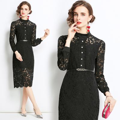 China European and American wholesale anti-static women fashion belt waist crochet slim black lace dress for sale