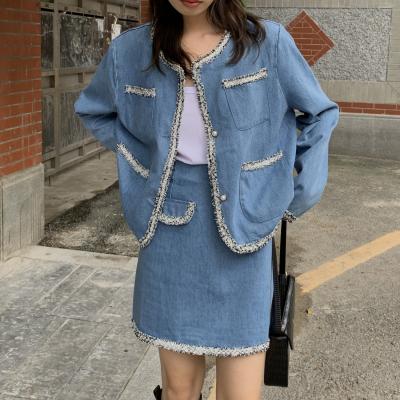 China Women Fashion Breathable Casual Patchwork Washed Denim Jacket With Skirt Set for sale