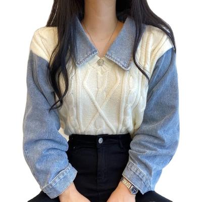 China Anti-wrinkle wholesale 2 colors faux-two piece denim patchwork loose sweaters for women for sale