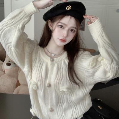 China Wholesale Anti-wrinkle pearls button up soft floral cardigan pullovers beige white color sweaters women tops for sale