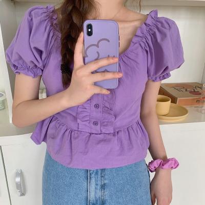 China Puff Sleeve Ruffle Decoration Women Anti-Shrink Soft Cotton Blouse M To 4XL for sale