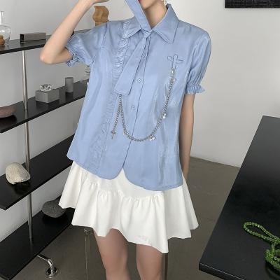 China Women's Anti-Shrink Casual Fashion Beads Chain Decoration Breath Sleeve Soft Shinning Fiber Women Shirt for sale