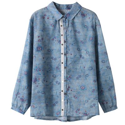 China M to 4XL Women's Anti-Shrink Casual Fashion Turn Down Collar Button Front Floral Print Linen Shirt for sale