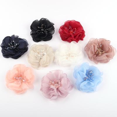 China Chiffon 2 pcs/bag 80mm Sew On Chiffon Fabric Flower Head Decorative Wedding Corsage Decortaion B0414 for sale