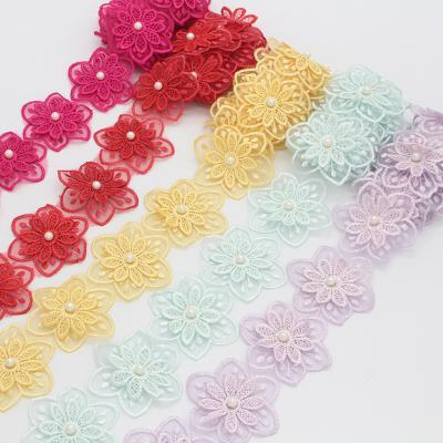 China 1yard 6cm Viable Colorful Embroidery Double Flower With Beads Lace Up Ribbons DIY Garment Sewing Accessories N0501 for sale