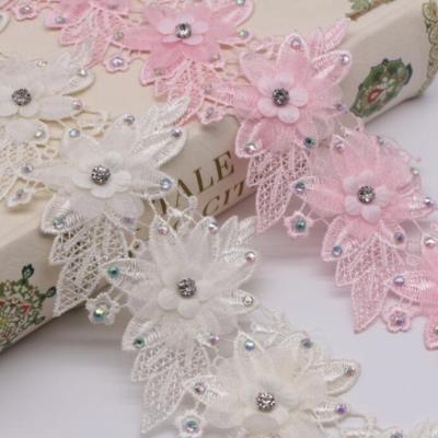 China Lucia Crafts Handmade Rhinestones Lace Trim Ribbon 3D Flower Water Soluble Dress Decoration Water Soluble Lace for sale