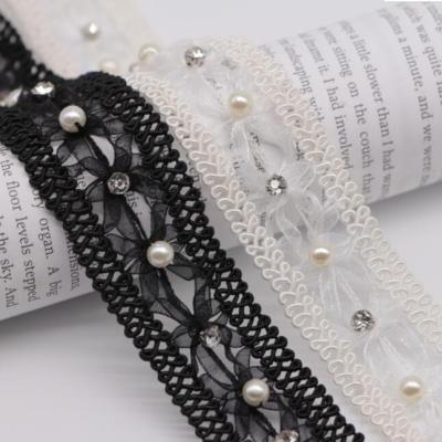 China Sustainable Fashion 30mm Bead Beaded Diamond Trim Lace Ribbon For Garment Sewing Material DIY Lace for sale