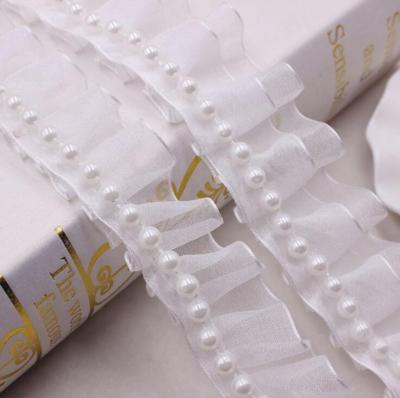 China Sustainable Korean Style Double Yarn Lace Beaded Pleated Lace Trim Ribbon For Dress /Garment Sewing Material for sale