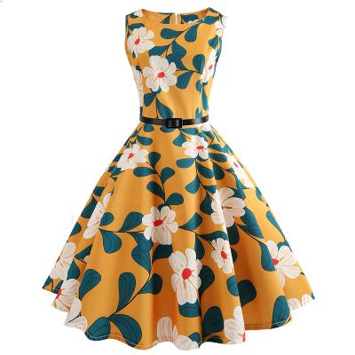 China Fashion Anti-static Women Dress Flower Lady Yellow Vintage Dress Retro Print Swing Sleeveless Skirt for sale