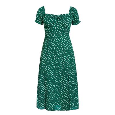 China Retro Dot Printed Short Sleeve Split Anti-wrinkle Floral Korean Women Dresses Casual Chiffon Green Ruched for sale