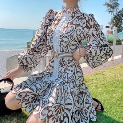 China Crochet Anti-Static Pleated A-Line Skirt Swap Bishop Sleeve Open Lace Decor Collar Top Summer Wholesale Dresses for sale