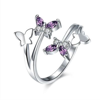 China Designer Purple Gemstone Sterling Silver Diamond 18K Gold Rings Jewelry CLASSIC Simple Opening Butterfly Rings For Women for sale