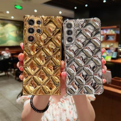 China Luxury INS Gold Shockproof Silver Plating 3D Glossy Grid TPU Soft Phone Case For Samsung Galaxy S22 S21 Plus S22 Ultra for sale