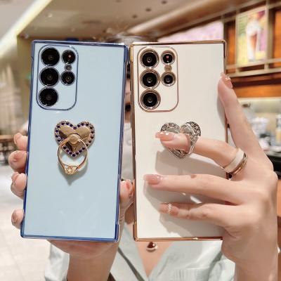 China Lovely Heart Finger Ring Holder Soft TPU Shockproof Plating Cases For Samsung Galaxy S22 Plus S21 Ultra S21FE Kickstand Bracket Cover for sale