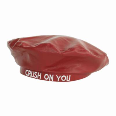 China Custom Made French Autumn and Winter Alphabet Leather Beret Stylish Ladies Leather Trim Beret CRUSH ON YOU Embroidery for sale