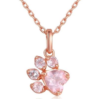 China Antioxidation & do not fade Paw Pendant Necklace cute with Crystal Rose Gold Plated Jewelry pink for women girls animal lovers for sale