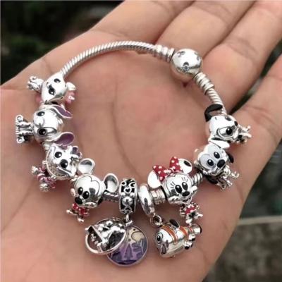 China Pave Fit Charms Original European Rose Silver Color Stitch Mickey Bracelet Mouse Beads DIY Jewelry For Women's Minnie ney Bangle DIS for sale