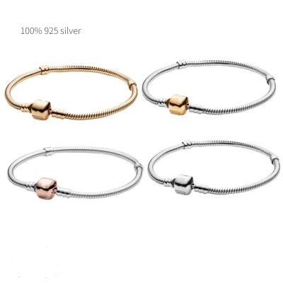 China Wholesale 925 Sterling Silver Glitter Bracelets For Women Fit Original European Charm Moments Barrel Clasp Snake Chain Bracelet Jewelry for sale