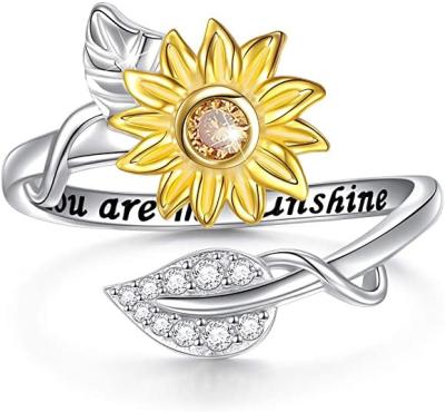 China Antioxidation & do not fade temperament 2021 925 Sterling Silver You are my fit sunflower CZ heart Ring Adjustable Size 5-10 lady gift jewelry for sale