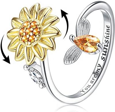 China Antioxidation & do not fade hot sale S925 Sterling Silver Fidget Rings for women Ring Cubic Zirconia Sunflower Open Adjustable You Are My Sun Ring Gift for sale