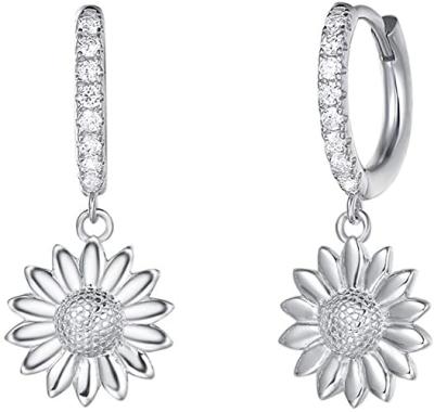 China Classic 925 Sterling Silver White Gold Plated CZ Diamond Sunflower Daisy Star Burst Simulated Cubic Dangle To Drop Small Circle Earrings for sale