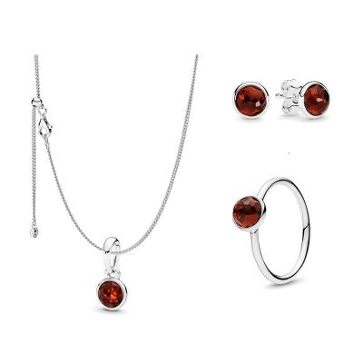 China TRENDY 925 Silver Droplet Women Jewelry Set Birthstone Striking Devotional Symbol Necklace and Red Passionate Earring and Ring for sale