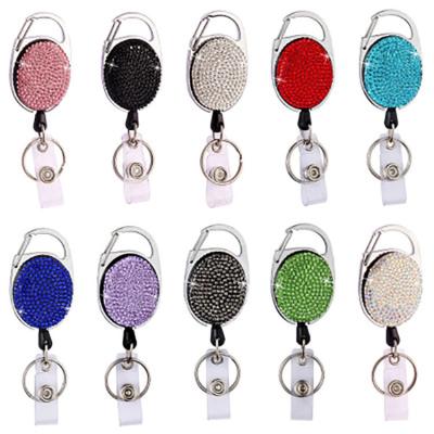 China ID Card Badge Holding Retractable Badge Holder Luxury Custom Rhinestone Badge Reel With Split Ring for sale