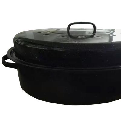 China Viable Hot Sale Black Oval Enamel Chicken Roasting Pot 5L Steel Rack Plate for sale