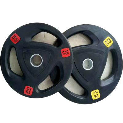 China Commercial Use Custom Logo 5KG 10KG 15KG 20KG 25KG Weight Plates Rubber Coated Barbell Plate Discs Cast Iron Three Grip Weight Plate for sale