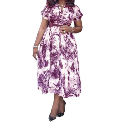 China 2022 Summer New African Ladies Lapel Button Breathable Wear Printed Short Sleeve Dress Plus-size Dress for sale