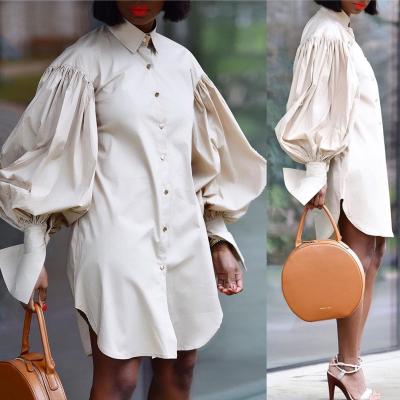 China 2021 Autumn Women Breathable Casual Dress Loose Puff Sleeve Dress Button Down Shirt Dresses //Plus Size for sale