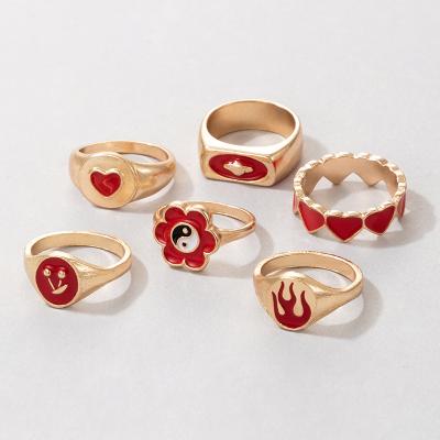 China 2021 TRENDY men fashion new drop oil jewelry rings gold flower love women wedding charm 6 pieces of rings set for sale