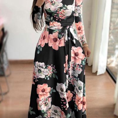 China Wholesale Breathable Plus Size Spring Dress Women Print Elegant Long Sleeve High Neck Floral Belt Casual Church Dress For Ladies for sale