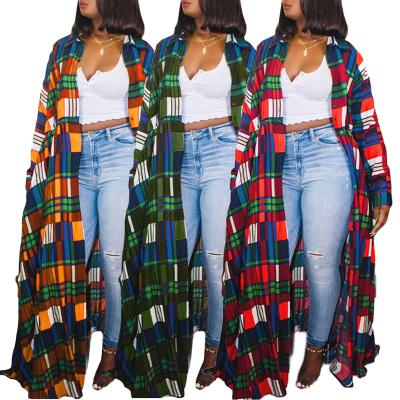 China 2021 Spring Breathable Hot Sale 5XL Coats Long Sleeve Fashion Plaid Checkerboard Shirt Dress Maxi Dresses Plus Size Women Clothing for sale