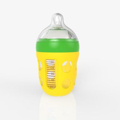 China Eco-friendly Product 150ML Promotional Wide Neck Baby Christmas Gift Glass Feeding Bottle With Sleeve for sale