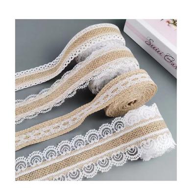 China ZM001 (5meters/roll) 25mm Handmade Natural Lace Ribbon Hessian Burlap Lace Trim White Wedding Decoration for sale