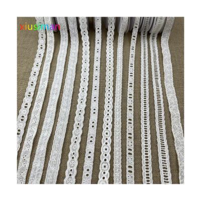 China E006 Sustainable Good Quality 100 % Cotton Lace Fabric Embroidery Hollow Out White Lace Fabric for sale