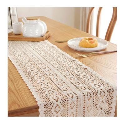 China T003 unique design white beige durable embroidered hollow knitted tablecloth lace tassel table flag table flag for sale