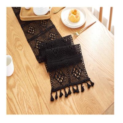 China T005 Durable Crochet Black Lace With Tassel Polyester Table Runner, Wedding Decor Hollow Tablecloth Coffee Table Runners Nordic Romance for sale