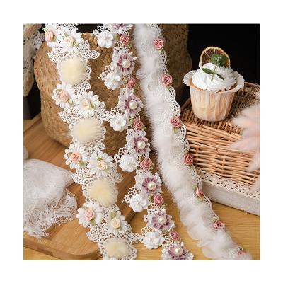 China E106 DIY Handmade Chiffon Rose White Sheet Eight Petals Beads Flower Lace Trim For Kid Clothes for sale