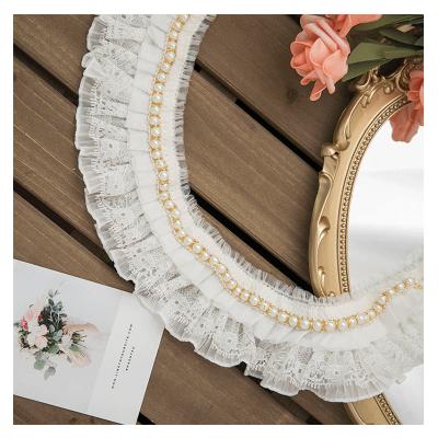 China E104 DIY Handmade Chiffon Rose White Sheet Eight Petals Beads Flower Lace Trim For Kid Clothes for sale