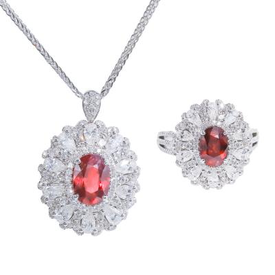 China High Quality Solid Rube Stone Sun Flower Sparkle Pendant Ring Necklace Jewelry Set 18K Rhodium Large Diamond for sale