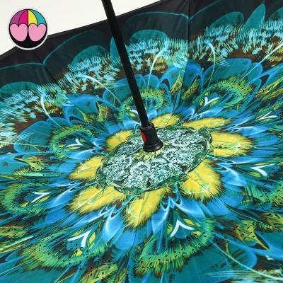 China Double Layer CLASSIC Reverse Inverted Umbrella With C Handle Upside Down Umbrella for sale