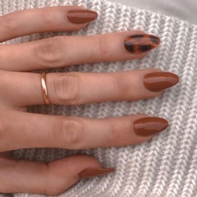 China Design short amber almond acrylic press on long fake nails 3d nails with fake decoration private label nails for sale