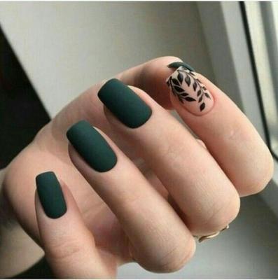 China Design Dark Green Square False Nails Kiss Full Cover Adhesive Printing Pretty Strongest Reusable Artificial Nails for sale