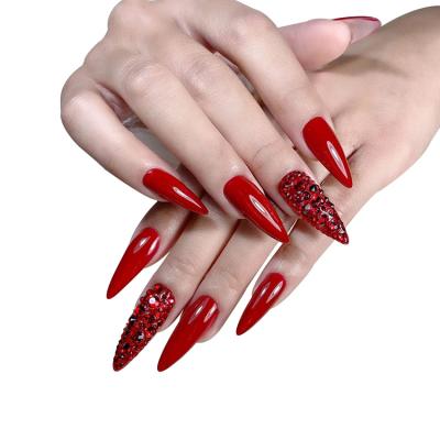 China Easy Apply Customize 3d Shape Stylus Long Press On Artificial Nails Decoration Red Rhinestones Nails for sale