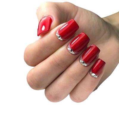 China Easy Apply Yes Pre To Design Luxury Shape Crystal Rhinestones Square Style Jewelry Wedding Party Red Artificial Nails for sale