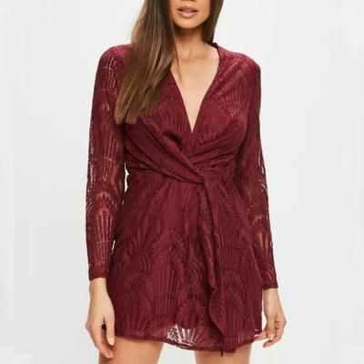 China High Quality Custom Made Anti-Static Plunge Lace Twist Dress OEM Burgundy Twisted Dress 2021 Lace Up Mini Dress Hollow for sale