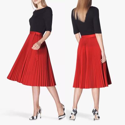 China OEM Anti-Static Custom Made High Quality Pleated Set Stretching Red Silk Midi Skirt Women Customized Skirts for sale