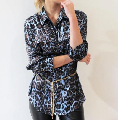 China Fashionable Anti-Shrink Leopard Print Loose Silk Satin Women Blouse Shirt Chiffon Long Sleeve Blouse And Tops for sale